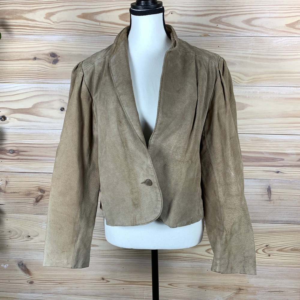 Avanti Suede Jacket Vintage Women 16‎ Tan Cropped Pleated Shoulder  Yugoslavia